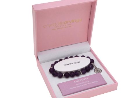 Amethyst Matte  Bracelet Tree Of Life Charm 10mm Bead in Pink Box on Sale